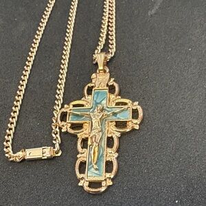 Vintage Gold and Blue Cross Pendant Necklace Made In Germany